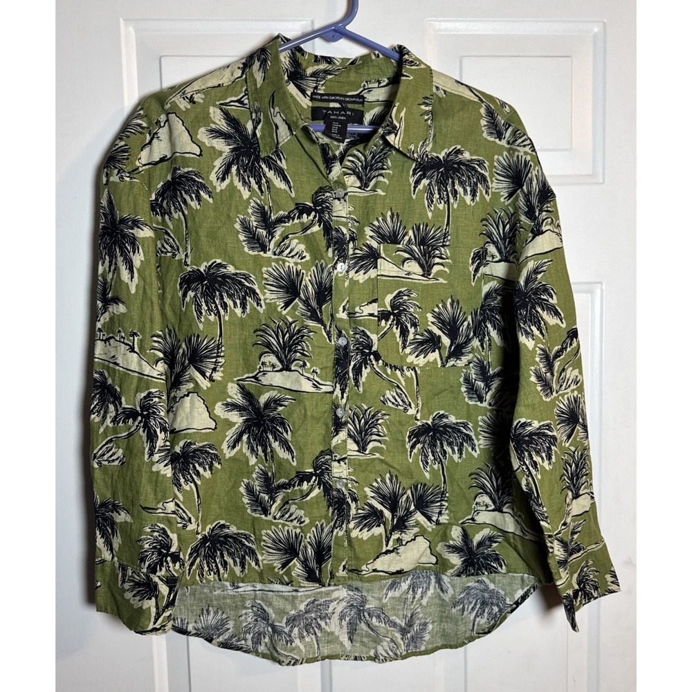 NWT Tahari Men's 100% Linen Shirt M Green Palm Tree‎ Print Tropical Resort Beach